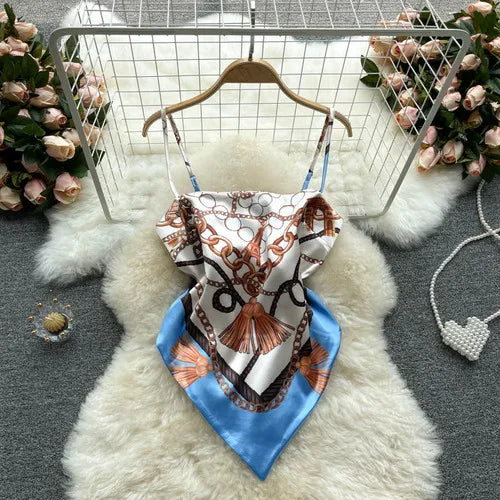 Women Sexy Backless asymmetrical lace-up Camis Print Tank Top Chic One-piece Corset Bustier Summer Beach vacation Crop Top