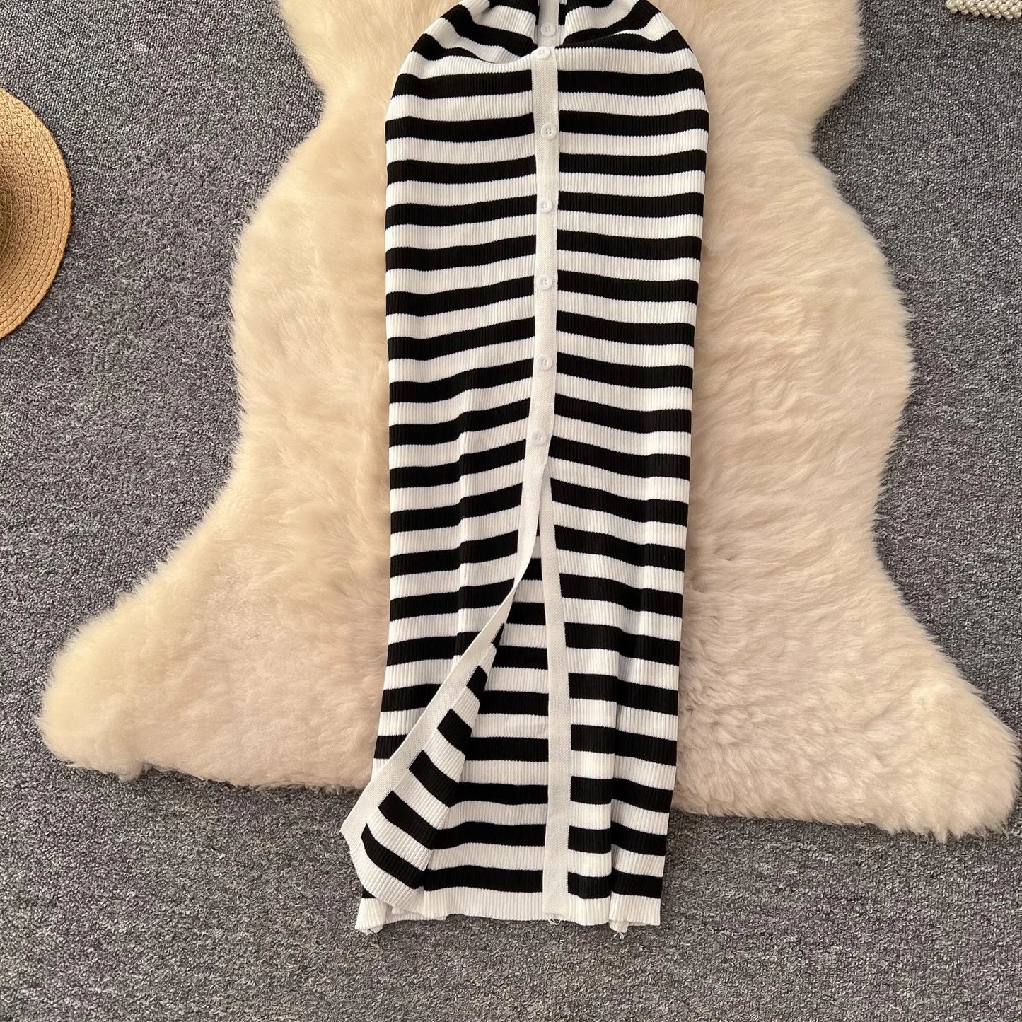 YuooMuoo Chic Fashion Sexy Wrap Hips Knitted Maxi Dress 2026 Summer Women Single-breasted Stripes Sweater Dress Streetwear Robes
