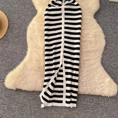 YuooMuoo Chic Fashion Sexy Wrap Hips Knitted Maxi Dress 2026 Summer Women Single-breasted Stripes Sweater Dress Streetwear Robes