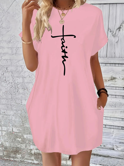 Women's Summer Loose Cross faith Print Round Neck Short Sleeve Pocket Comfortable Casual Plus Size Dress