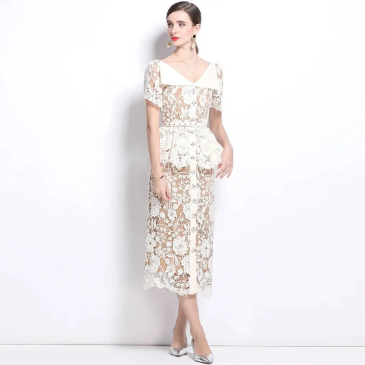 Quality Summer Beaded Diamonds Embroidery Beige White Lace Evening Dress Women Short Sleeve Ruffle Peplum Midi Prom Dresses Long