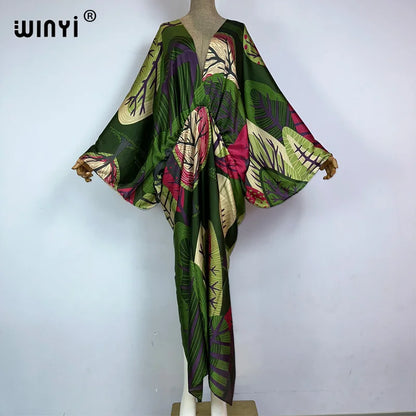 Sexy bech high-quality hand-rolled feel silk rayon fashion print 2021 WINYI Maxi women's robes long beach V-neck Bohemian dress