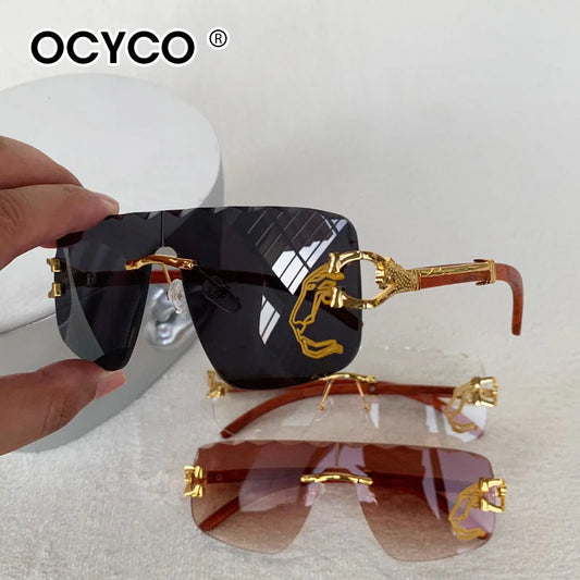 Trend Golden Lion Decoration Rimless Sunglass for Men Luxury Brand Designer Vintage Square Eyewear UV400 Outdoor Cycling Shades