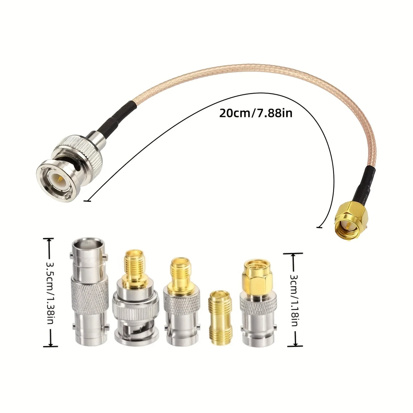 SMA Male to BNC Male Cable 20CM + 5pcs RF Coax Adapter Kit SMA to BNC Cable SMA BNC Adapter Cable Kit for RF Applications/Antenn