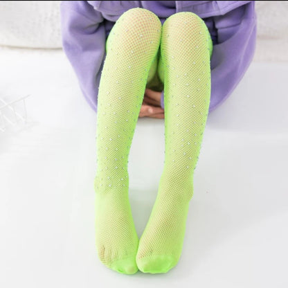 Kids Girl with Rhinestone Fashion Fishnet Stockings Hollow Lace Glitter Pantyhose for Children Girl Summer Mesh Baby Hosiery