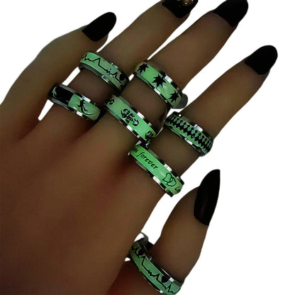 10Pcs Night Glow Stainless Steel Ring For Men Punk Hip-Hop Mixed Styles Rings Party Daily Wear Trend Finger Accessories Jewelry