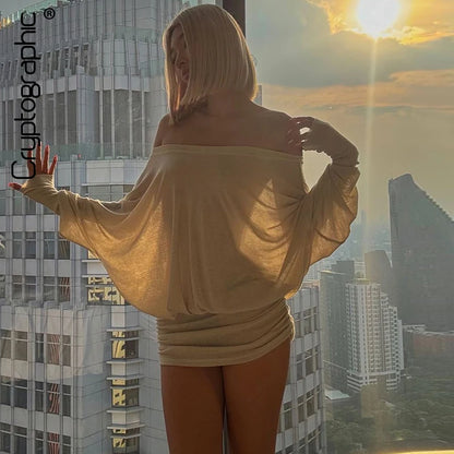 Cryptographic Fashion Off Shoulder Sheer Mini Dress Outfits for Women Hot Sexy Long Sleeve Ruched Party Dresses Bodycon Solid