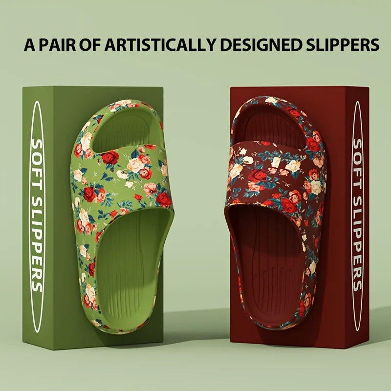 Women Men Floral Slide Sandals Plus Size Soft Slippers Thick Sole Non Slip Beach Shoes Casual Summer Indoor Outdoor Footwear