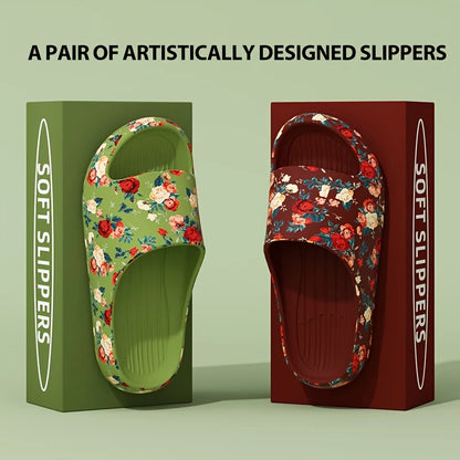 Women Men Floral Slide Sandals Plus Size Soft Slippers Thick Sole Non Slip Beach Shoes Casual Summer Indoor Outdoor Footwear