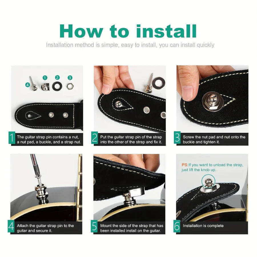 2pcs premium alloy guitar with lock strap, gold and black, safe and stylish for acoustic guitar, electric guitar and bass