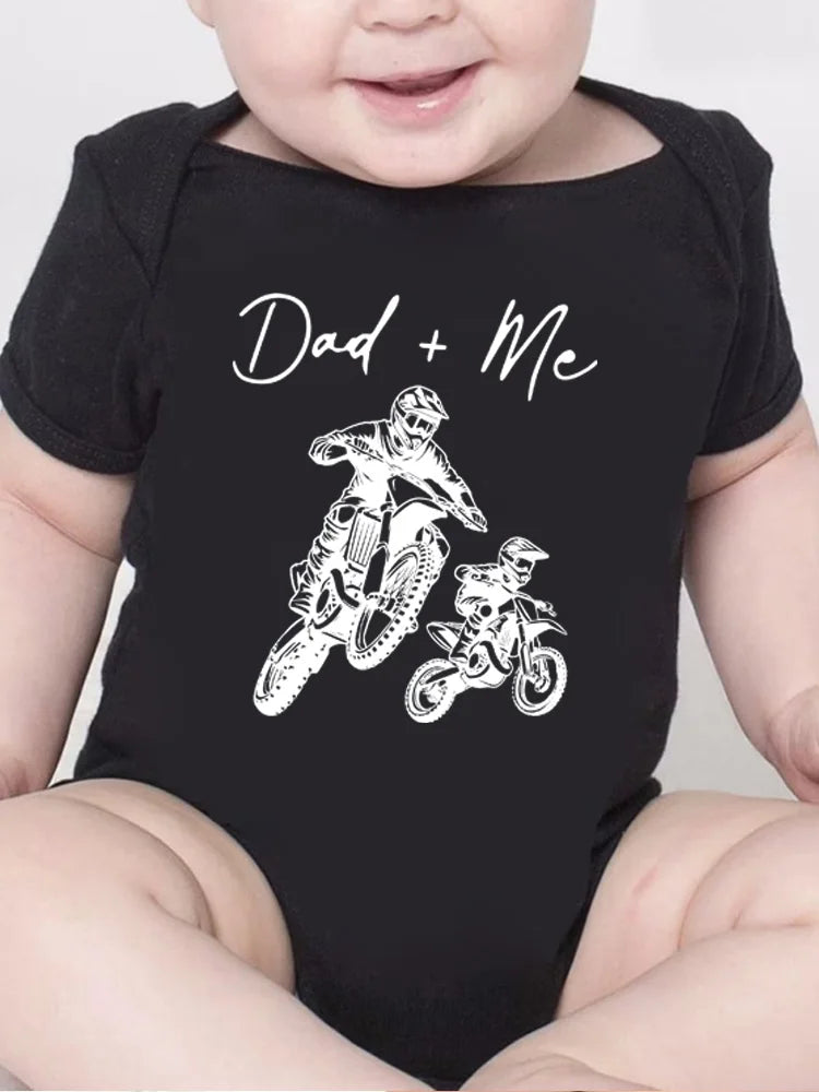 "Dad + Me" Cartoon Motorcycle Print Short Sleeve Newborn Baby Bodysuit Toddler & Infant Boy's Onesie for Summer Clothing