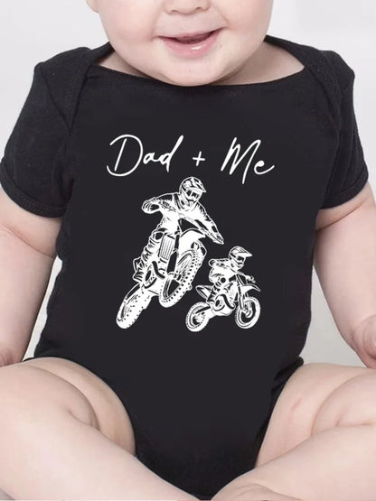 "Dad + Me" Cartoon Motorcycle Print Short Sleeve Newborn Baby Bodysuit Toddler & Infant Boy's Onesie for Summer Clothing