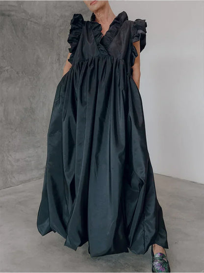 Elegant Women's Pleated Dress A-line Loose Ruffle Sleeveless Summer Casual Vintage Fashion V-Neck Summer Dress for Female