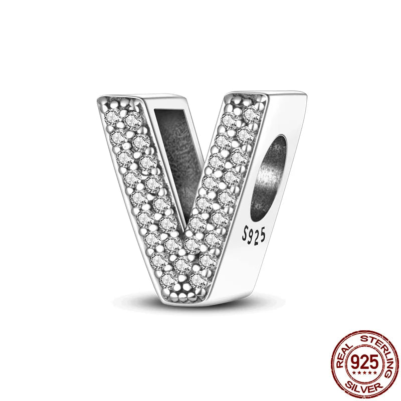 Original 925 Sterling Silver 26 Alphabet Letters Sparkling Zircon Charms Pendant Beads For Women Fine DIY Birthday Jewelry Gifts