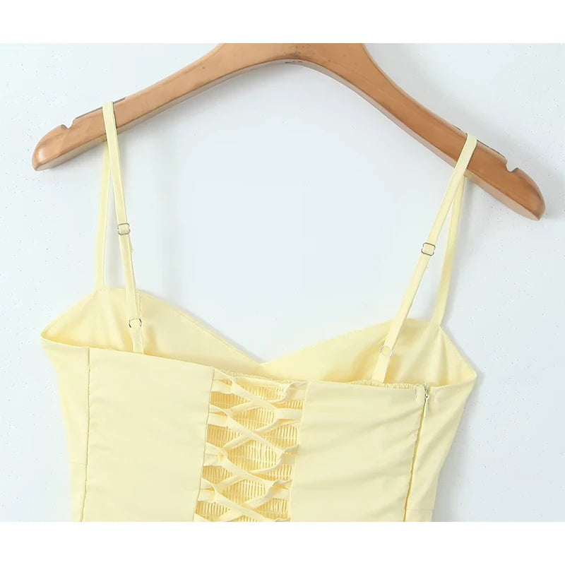 YENKYE Sexy Elegant Women Fishbone Waist Shaping Sling Mini Dress Lace Up Back Fit And Flare  Summer Party Dresses Yellow Robe