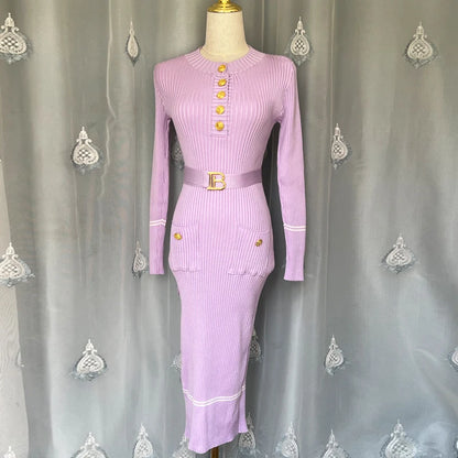 YuooMuoo 2025 Autumn Winter Women Knitted Dress Brand Fashion O-neck Buttons Bodycon Sweater Dress with Belt Lady Office Dress