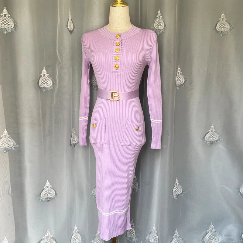 YuooMuoo 2025 Autumn Winter Women Knitted Dress Brand Fashion O-neck Buttons Bodycon Sweater Dress with Belt Lady Office Dress
