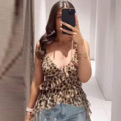 HXAO Leopard Mesh Top Women Tanks & Camis Summer 2025 Sexy Layered Sleeveless Tops For Woman Ruffled Backless Tulle Camisole 066
