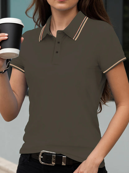 Summer Solid Color Women Stripe Polo Shirts Sport Culture T-Shirts Collar Soft Streetwear All-Match Casual Woman Short Sleeve