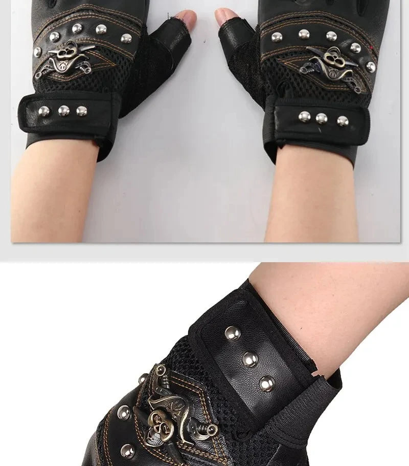 Pirate Captain PU Leather Fingerless Gloves Men Women Skulls Rivet Mitts Hip Hop Gym Gloves Female Moto Half Finger Gloves