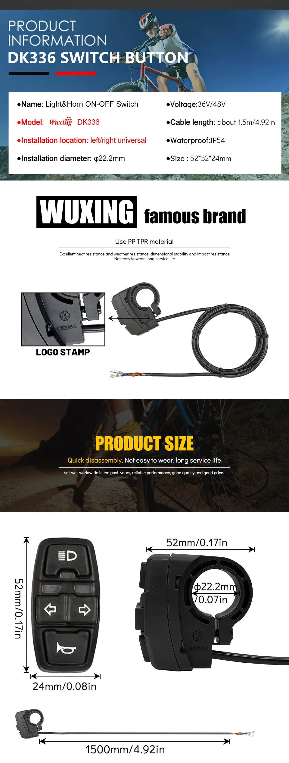 3-in-1 Electric Bike Switch: Headlight Turn Signal Horn Control 36V/48V ON/OFF Waterproof ON/OFF Control Switch for E-Bike