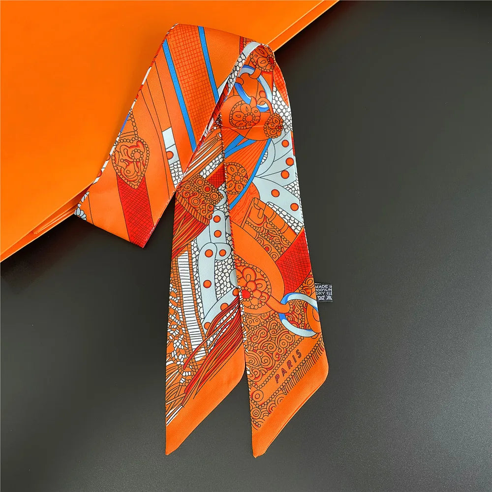 5*90cm French Retro Printed Silk Scarf Tied and Wrapped Handle Ribbon Scarf Light Luxury Saddle Twill Streamer Decoration