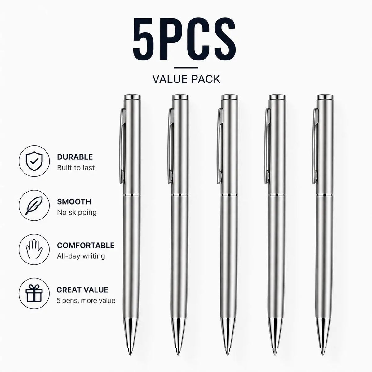 5/10/20Pcs Stainless Steel Ballpoint Pens, Silver Metal Medium Nib Smooth Twist Writing Pens for Office School