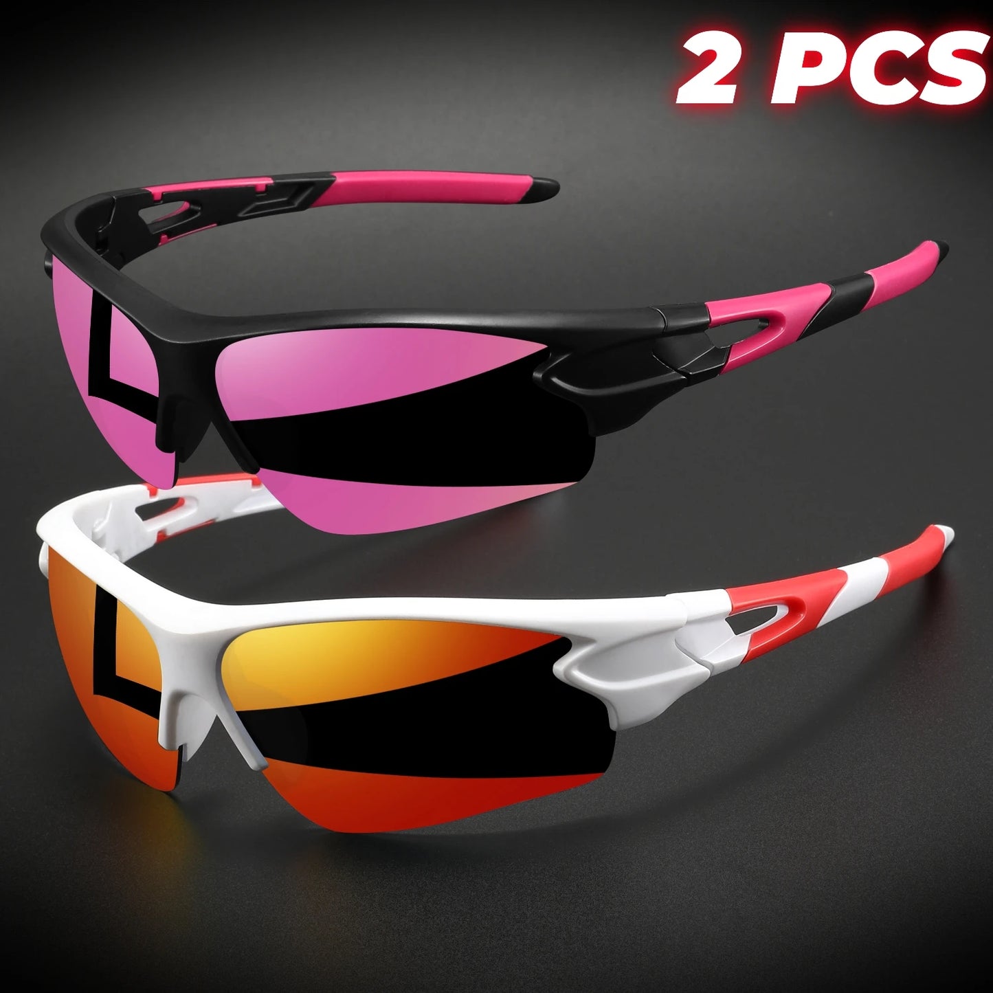 2PCS New Wraparound Sports Sunglasses Semi-Rimless Lightweight for Cycling Hiking Daily Unisex UV400 Anti-Fog Outdoor Eyewear