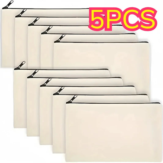 5pcs Blank Canvas Zipper Pouch Bulk, Makeup Bag Pencil Case For Cosmetic & DIY Crafts, Independence Day