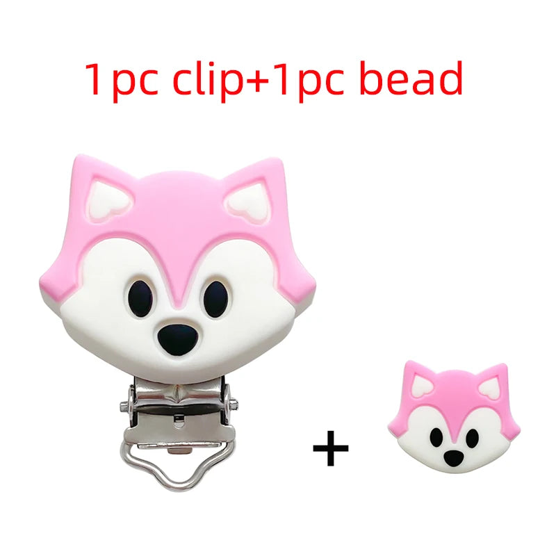 2pcs Silicone Cartoon Animal Teething Toy Fox Panda Elephant Food-Grade Silicone Nipple Necklace Clip Baby Toy Gift