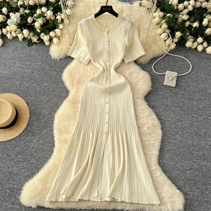 YuooMuoo Brand Fashion Vintage Turn-down Collar Knit Maxi Dress Elegant Single-breasted A-line Long Shirt Dress Lady Vestidos