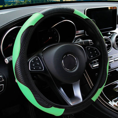 Universal Fit PU Carbon Fiber Leather Car Steering Wheel Cover 14.5-15 Inch No Inner Ring Required Vehicle Decoration Accessory