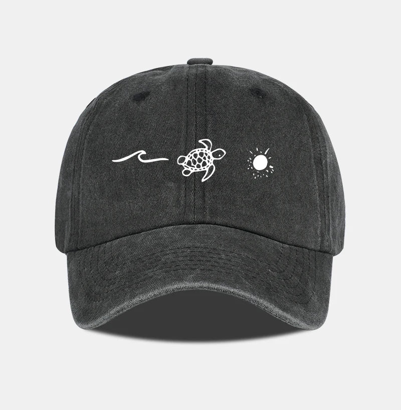 Retro Washed Baseball Cap with Wave, Turtle, and Sun Print – Unisex Adjustable Dad Cap – Summer Beach Sun Hat