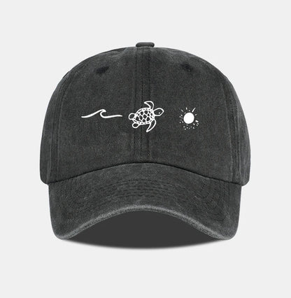 Retro Washed Baseball Cap with Wave, Turtle, and Sun Print – Unisex Adjustable Dad Cap – Summer Beach Sun Hat