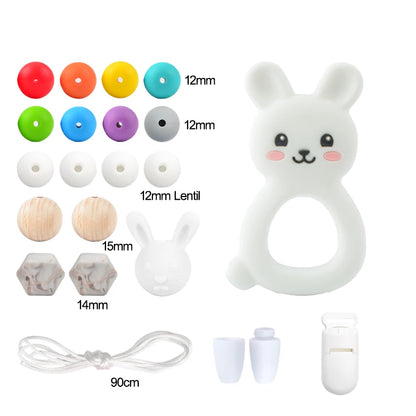 LOFCA Silicone Teether Wood Beads Set BPA Free DIY Baby Teething Necklace Toy Cartoon Koala Raccoon Pacifier Chain Clip