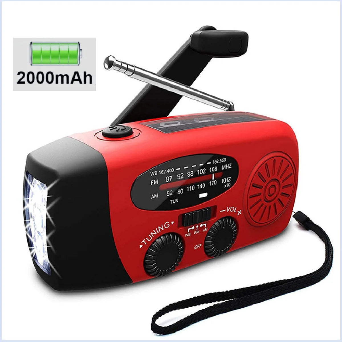 Solar Hand Crank Powered Camping Light With AM/FM Radio Outdoor 2000mAh USB Charging Multifunctional Hand Dynamo LED Flashlight