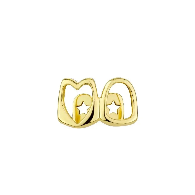 Golden Grillz Tooth Jewelry Set for Men and Women, Copper Inlaid Zircon Hollow Heart, Daily Wearable Valentine Gift, Hip Hop