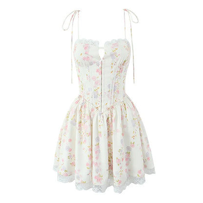 YENKYE Sexy Elegant Women Lace Patchwork Floral Print Sling Mini Dress Low Waist A-line Summer Holiday Party Dresses Pretty Robe