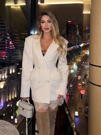 Solid Waist Cinching Blazer Dress Women Chic Long Sleeves Lapel V-neck Double Breasted Slim Short Dresses Lady Daily Street Gown