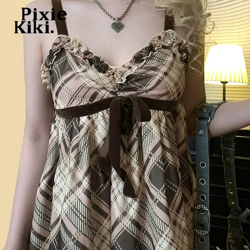 PixieKiki Brown Plaid Tank Tops for Women Gyaru Japanese 2000s Y2k Summer Bow Frill V Neck Backless Top Cute Clothing P84-EF20