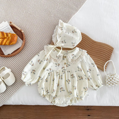 2025 Spring Newborn Infant Baby Girls Romper+Hat 2PCS Lapel Floral Rompers Kids Fashion Baby Clothing Newborn Baby Girl Jumpsuit