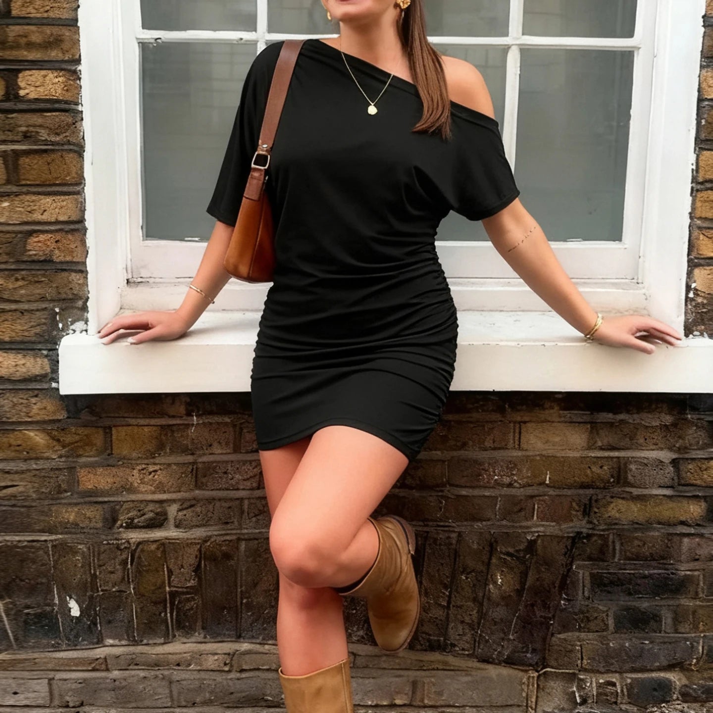 SUCHCUTE Bat Sleeve Wrap Dress Women One-Shoulder Solid Backless Bodycon Dress Evening Party Club Dress Y2K Sexy Outfits Summer