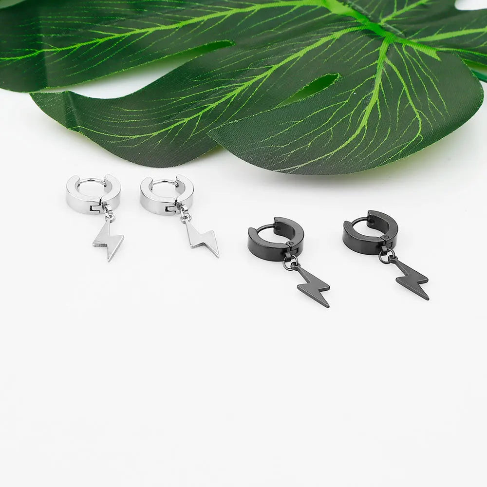 1pair Stylish Stainless Steel Lightning Pendant Piercing Hoop Earrings Ear Clip for Men Women Bold and Eye-Catching Statement