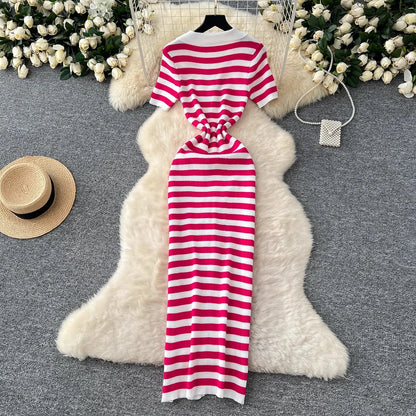 YuooMuoo Chic Fashion Sexy Wrap Hips Knitted Maxi Dress 2026 Summer Women Single-breasted Stripes Sweater Dress Streetwear Robes