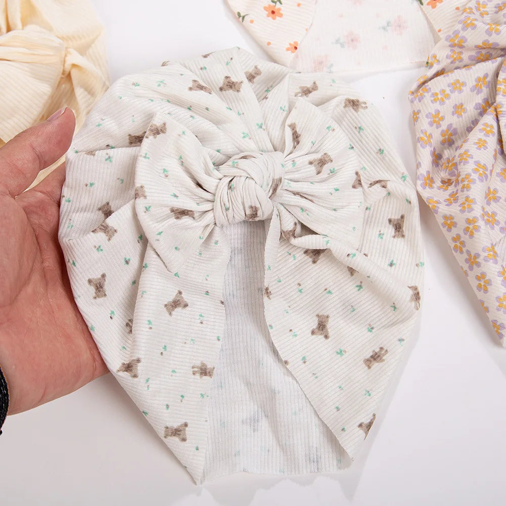 3Pcs/Lot Baby Boys Girls Flower Print Baby India Turban Hats Sweet Hair Bows Topknotted Caps Beanies Ins Bear Heart Headwraps