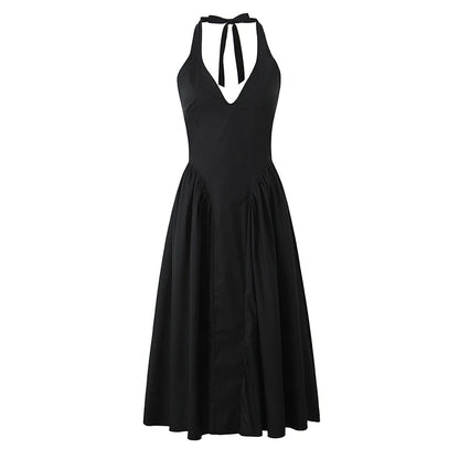 YENKYE Sexy Backless Green Elegant Halter Dress For Women Low Waist A-line Midi Summer Evening Party Dresses Cotton Robe