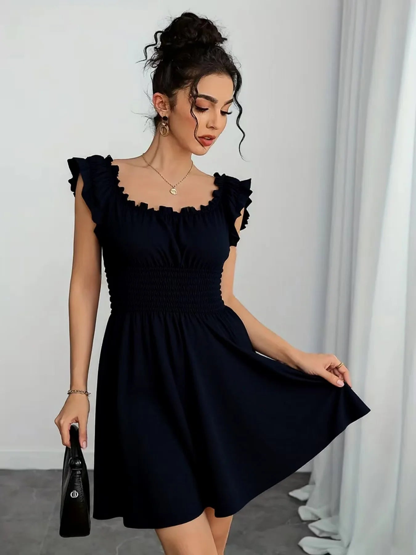 Summer new V-neck slim fit elastic waist women's dress with floral patchwork design, suitable for beach vacations