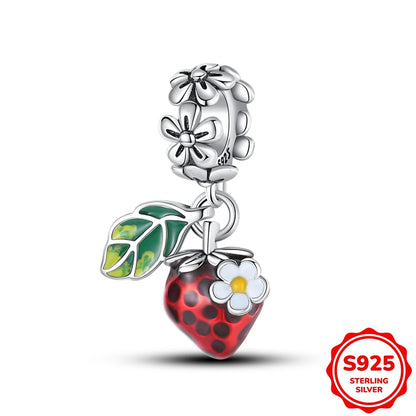 Charms Silver 925 Ladybugs and Cherry Strawberries Pendant Bead Fit 3mm Bracelet Bangle Necklace For Women Luxury Jewelry Making