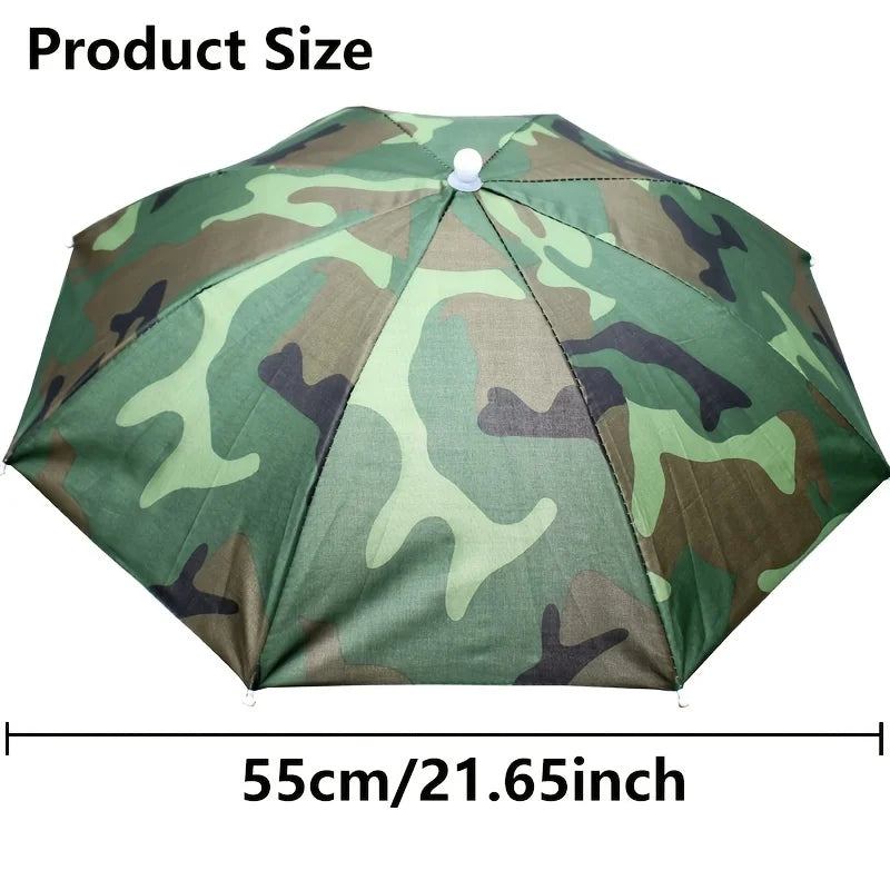 Foldable Headwear Umbrella Portable Waterproof Fishing Hat 55CM Hands-Free Rain Hat For Hiking Camping Camouflage Umbrella Adult