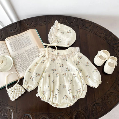 2025 Spring Newborn Infant Baby Girls Romper+Hat 2PCS Lapel Floral Rompers Kids Fashion Baby Clothing Newborn Baby Girl Jumpsuit